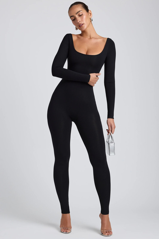 Modal Scoop-Neck Cross-Back Jumpsuit in Black - Size:L